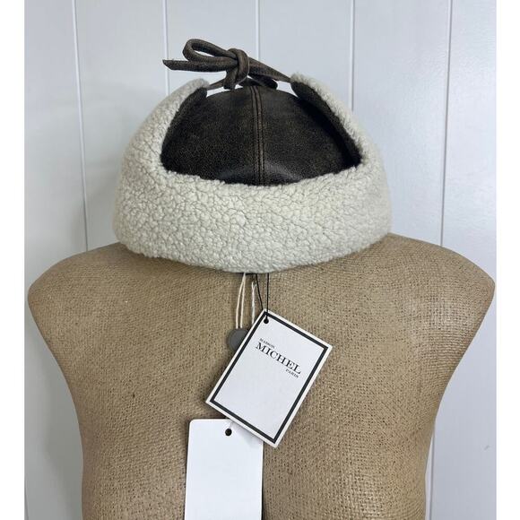 NWT Maison Michel Paris "Milton" Leather and Shearling Trapper Hat Size L - Picture 3 of 6